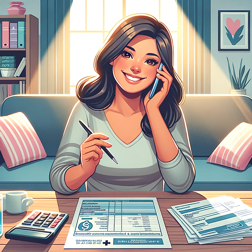 DALL&middot;E 2024 06 06 11.12.00 An illustration of a satisfied patient speaking with a billing representative over the phone. The patient a Hispanic woman is sitting in her living