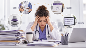 Healthcare Operations & Practice Management Blog | Integral Clinic Solutions 7 Healthcare worker burnout illustrated by a stressed medical professional with operational strategies to reduce workplace strain.