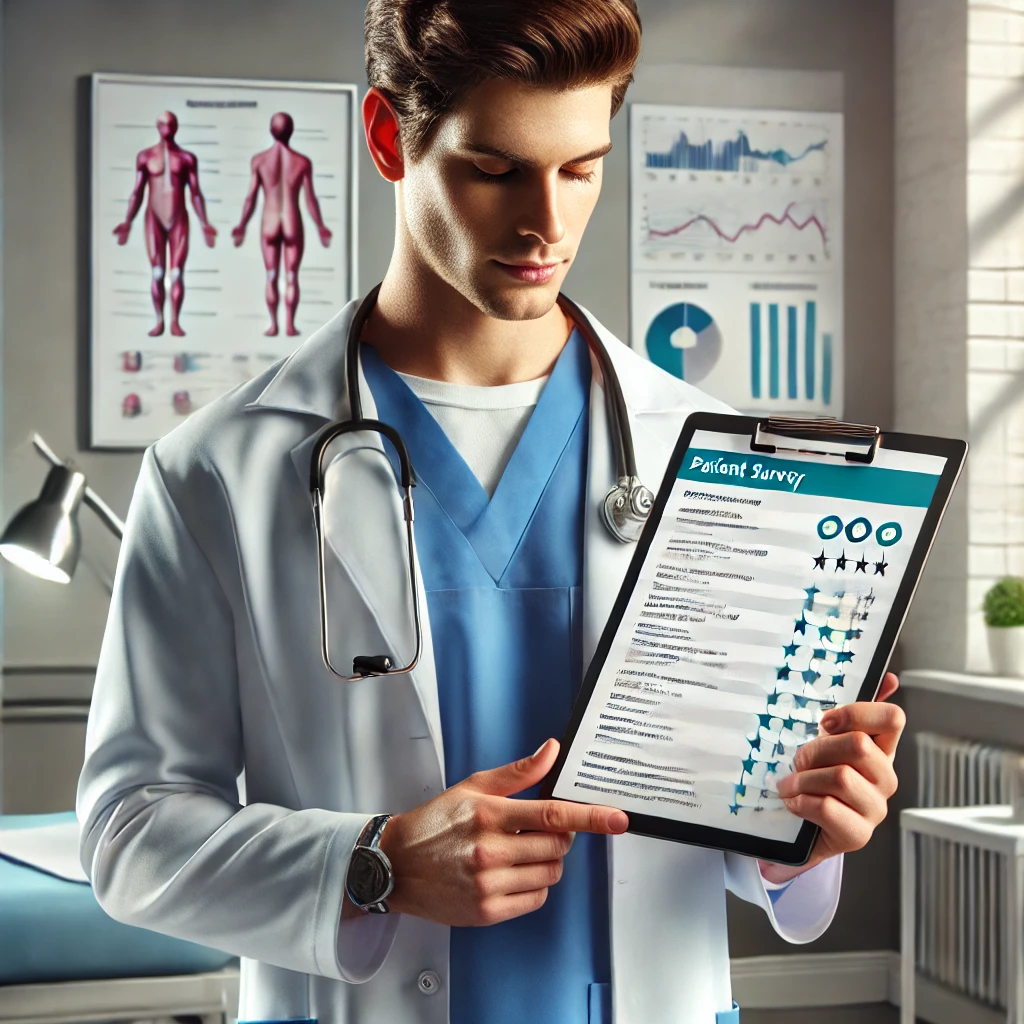 DALL&middot;E 2025 01 06 20.31.58 A realistic depiction of a medical staff member in a clinic or office environment holding a tablet or clipboard displaying patient survey results. Th