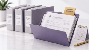 Healthcare Operations & Practice Management Blog | Integral Clinic Solutions 1 Quality control review showing an open medical record flagged for follow-up beside completed files.
