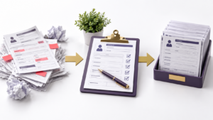Healthcare Operations & Practice Management Blog | Integral Clinic Solutions 2 Quality improvement in a medical practice showing disorganized patient records becoming a standardized and organized workflow.