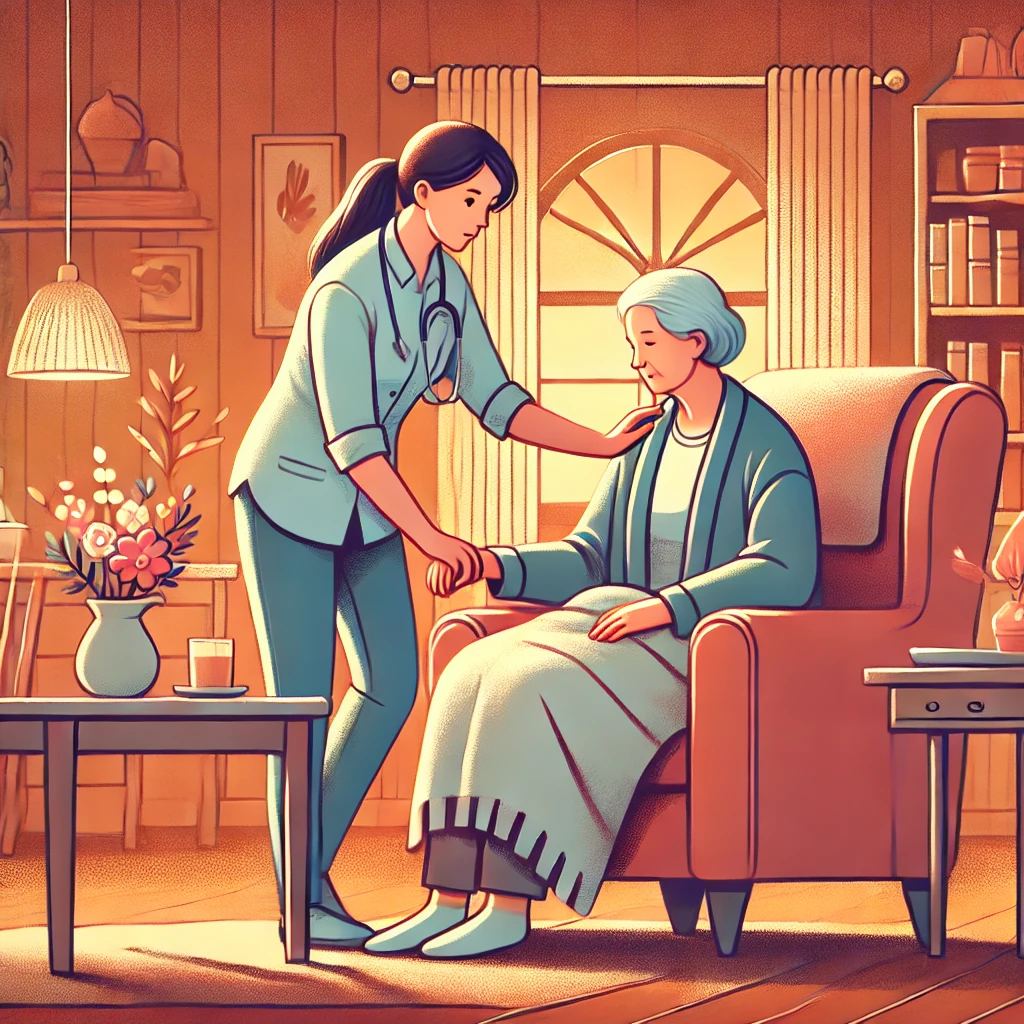 2025 CMS Final Rule: What You Need to Know About Medicare Changes 1 DALL·E 2024 11 27 12.53.23 An illustration of a caregiver assisting a chronically ill patient at home. The caregiver is gently helping the patient who is seated in a comfortabl