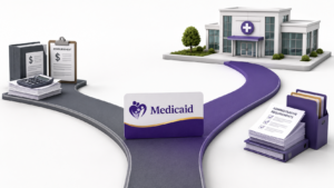 Healthcare Operations & Practice Management Blog | Integral Clinic Solutions 8 Accepting Medicaid decision illustrated by a Medicaid card at a crossroads between reimbursement, administrative requirements, and a medical practice.