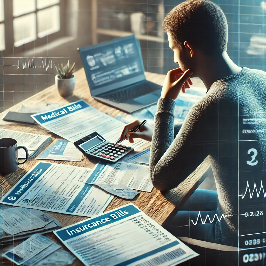 DALL&middot;E 2025 01 08 14.45.31 A realistic illustration of a person sitting at a desk reviewing medical bills. The desk is cluttered with documents insurance cards and a calculato