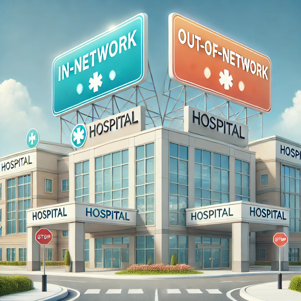 DALL&middot;E 2025 01 08 14.47.55 An illustration of a hospital building with clear and distinct signage indicating In Network and Out of Network. The hospital is modern and clean