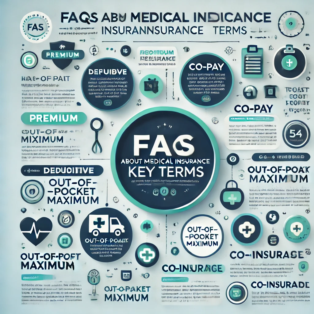 DALL&middot;E 2025 01 08 14.58.13 A modern and visually appealing infographic titled FAQs About Medical Insurance Key Terms. The design includes a central title and several boxes or