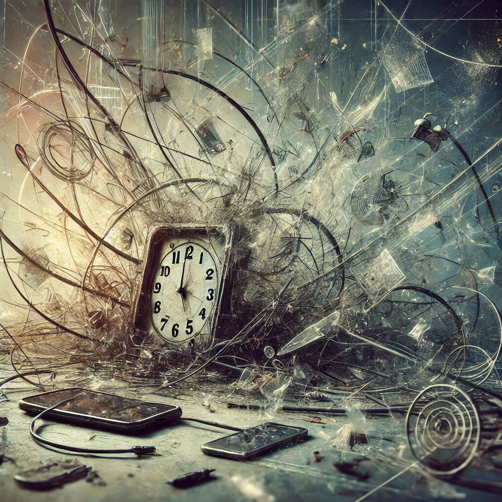 DALL&middot;E 2025 01 16 09.50.21 An abstract representation of communication breakdown featuring tangled wires and scattered pieces of a shattered phone or digital device. The scene