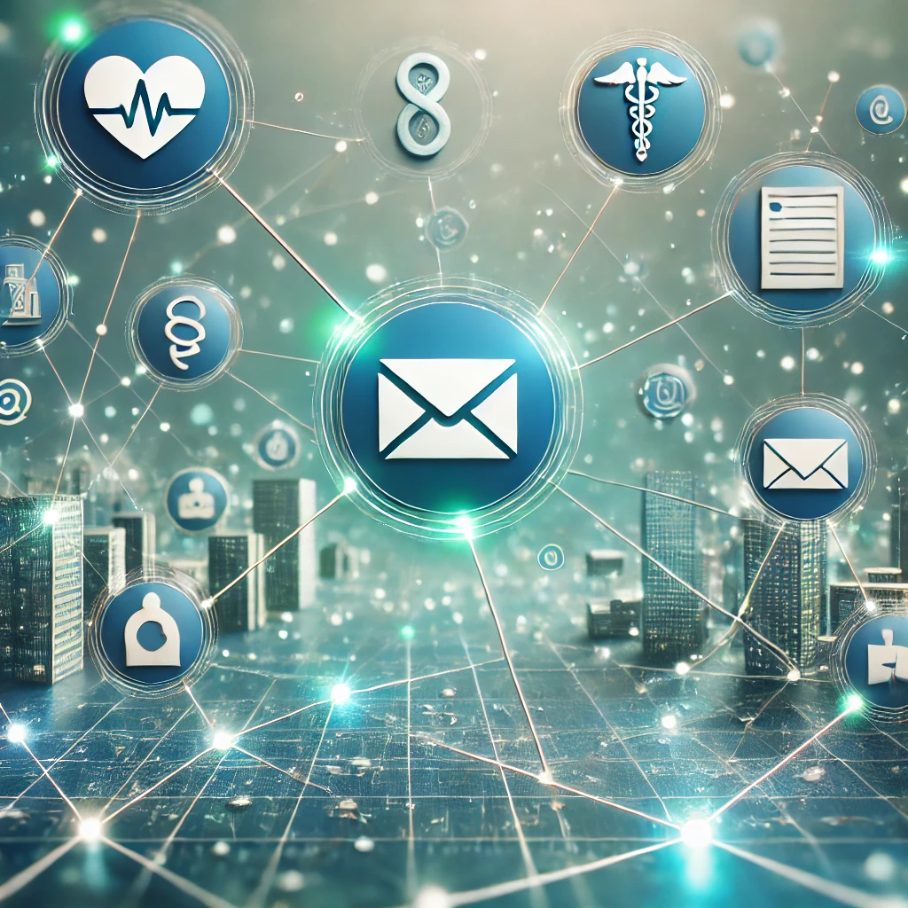 DALL&middot;E 2025 01 16 09.55.54 A conceptual abstract image showcasing interconnected healthcare tools such as emails text messages and digital portals. The scene features glowing