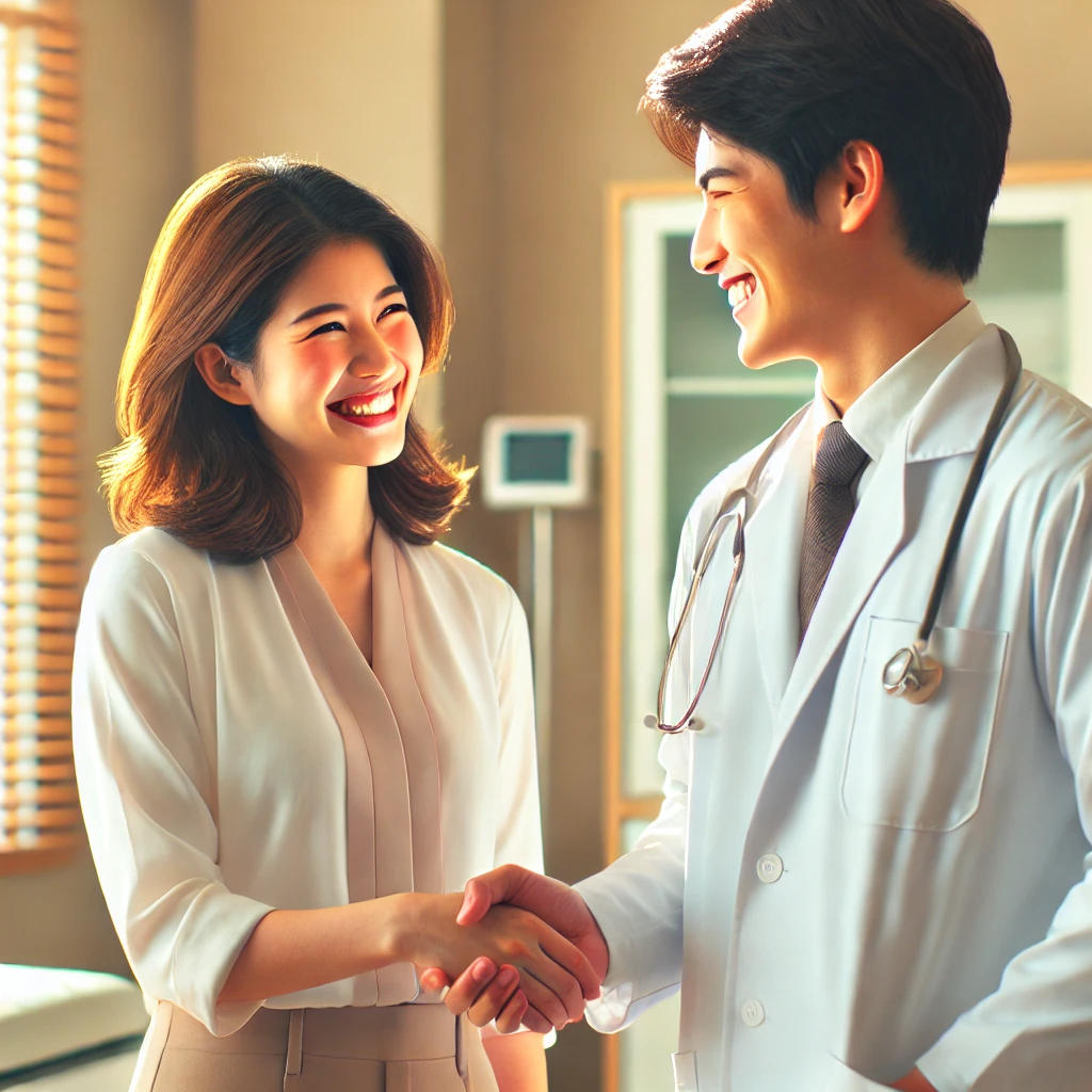 DALL&middot;E 2025 01 16 10.12.27 A professional and warm depiction of a smiling patient and doctor shaking hands at the end of a successful appointment. The scene is set in a bright a