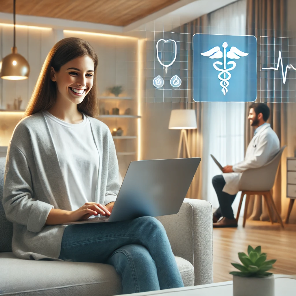 DALL&middot;E 2025 01 16 11.48.03 A happy person sitting at home using a laptop in a modern healthcare concept. The environment is cozy and contemporary featuring clean design warm