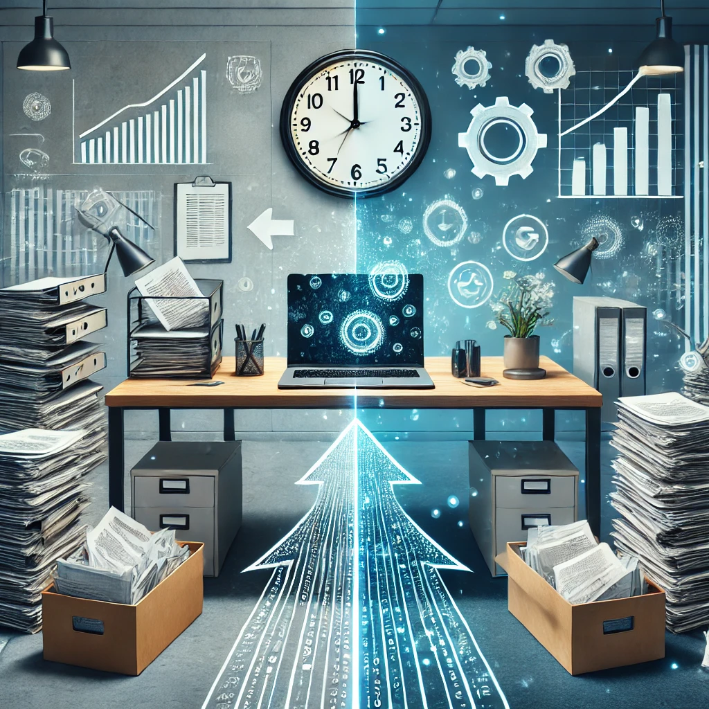 DALL&middot;E 2025 01 16 11.59.46 An abstract concept image representing the reduction of administrative overhead. The scene features a cluttered desk with piles of paperwork transform