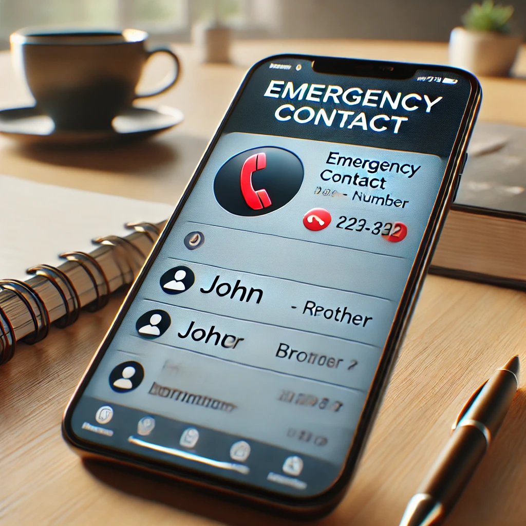 DALL&middot;E 2025 01 18 08.14.50 A realistic illustration of an emergency contact concept. The image shows a smartphone screen displaying a contact list with the highlighted entry lab