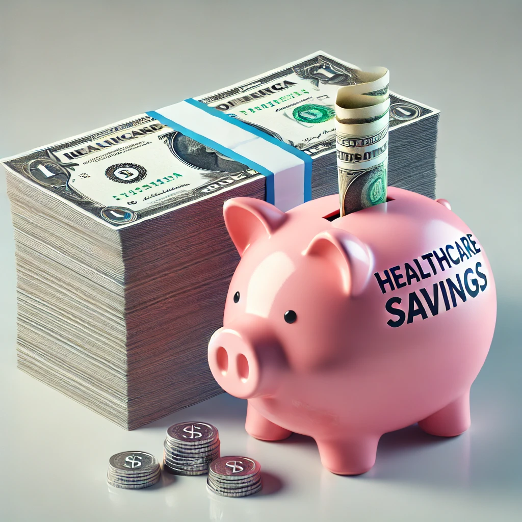 DALL&middot;E 2025 01 27 10.24.43 A realistic and symbolic illustration featuring a stack of medical bills neatly arranged next to a pink piggy bank labeled Healthcare Savings in bol
