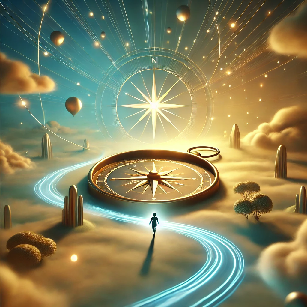 DALL&middot;E 2025 01 28 05.59.05 An abstract Pixar style image symbolizing navigation and guidance. The scene features a large glowing compass surrounded by a calm dreamy environme