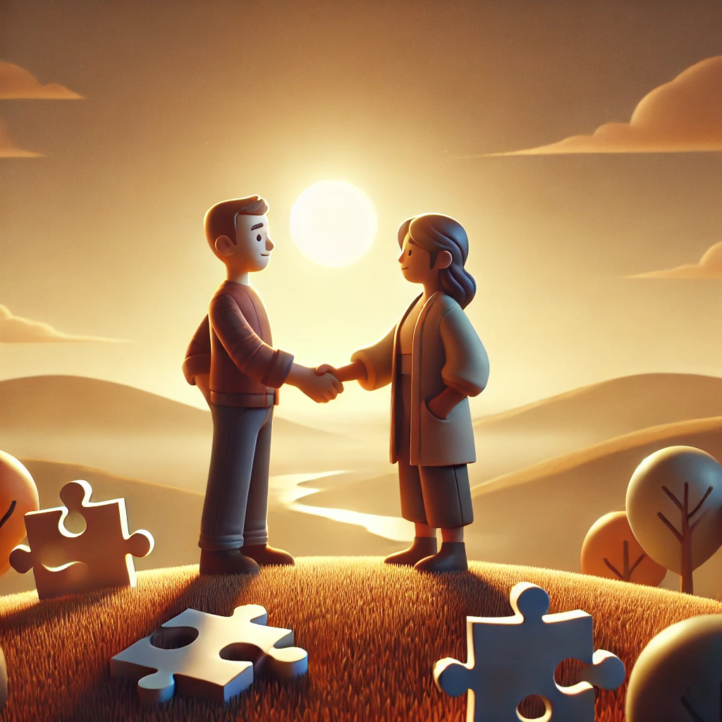 illustration of two diverse team members shaking hands on a peaceful hilltop to symbolize conflict resolution.