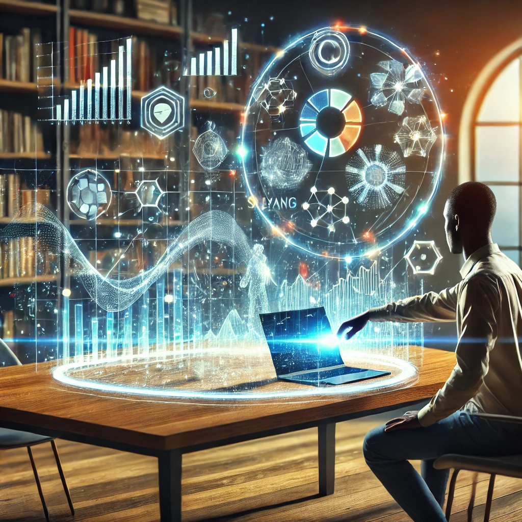  illustration of holographic charts floating in the air to represent data-driven decision-making in medical offices.