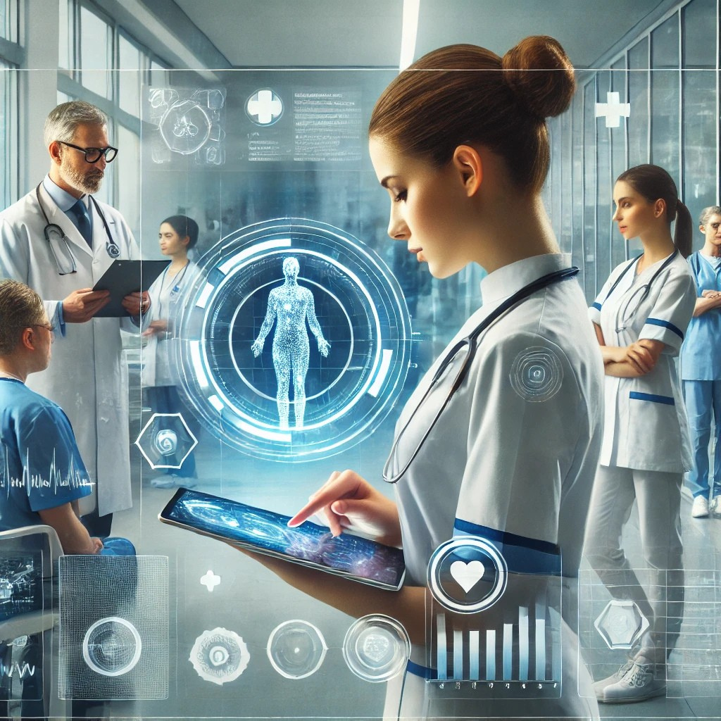 Medical staff working alongside AI tools (e.g., a nurse with an AI-powered tablet)