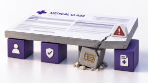 Healthcare Operations & Practice Management Blog | Integral Clinic Solutions 6 Medical practice claim denial prevention illustration showing an underlying operational weakness causing a claim failure.