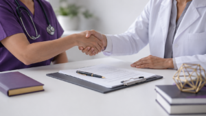 Healthcare Operations & Practice Management Blog | Integral Clinic Solutions 5 NP and PA agreements represented by healthcare providers shaking hands over a written physician agreement in a medical practice.