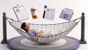 Healthcare Operations & Practice Management Blog | Integral Clinic Solutions 7 Patient safety represented by a patient supported in a safety net surrounded by medical records, medication, and lab information.