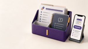 Healthcare Operations & Practice Management Blog | Integral Clinic Solutions 3 Purple organizer with a medication list and questions notebook beside an appointment confirmation phone, illustrating what to bring to your doctor’s appointment.