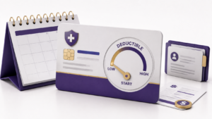 Healthcare Operations & Practice Management Blog | Integral Clinic Solutions 8 Deductible season illustration showing an insurance card with a reset deductible indicator, calendar, patient account records, and payment document.