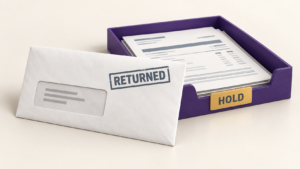 Healthcare Operations & Practice Management Blog | Integral Clinic Solutions 7 Returned envelope beside a purple tray of held payment documents, illustrating a Medicare Do Not Forward payment interruption.