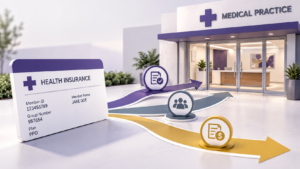 Healthcare Operations & Practice Management Blog | Integral Clinic Solutions 6 Answer Patient Insurance Questions with an insurance card leading through verification pathways toward a medical practice.