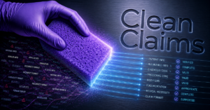 Healthcare Operations & Practice Management Blog | Integral Clinic Solutions 1 A hand in a purple glove uses a sponge to clean and verify medical billing data, transforming errors into clean claims with verified patient, insurance, and coding information.