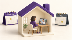 Healthcare Operations & Practice Management Blog | Integral Clinic Solutions 9 Patient having a telehealth video visit at home, with Medicare and DEA policy calendars in the background.