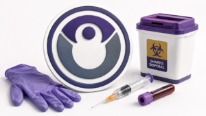 Healthcare Operations & Practice Management Blog | Integral Clinic Solutions 6 OSHA compliance illustration showing sharps safety, PPE, a syringe, blood specimen, and sharps disposal in a medical practice.