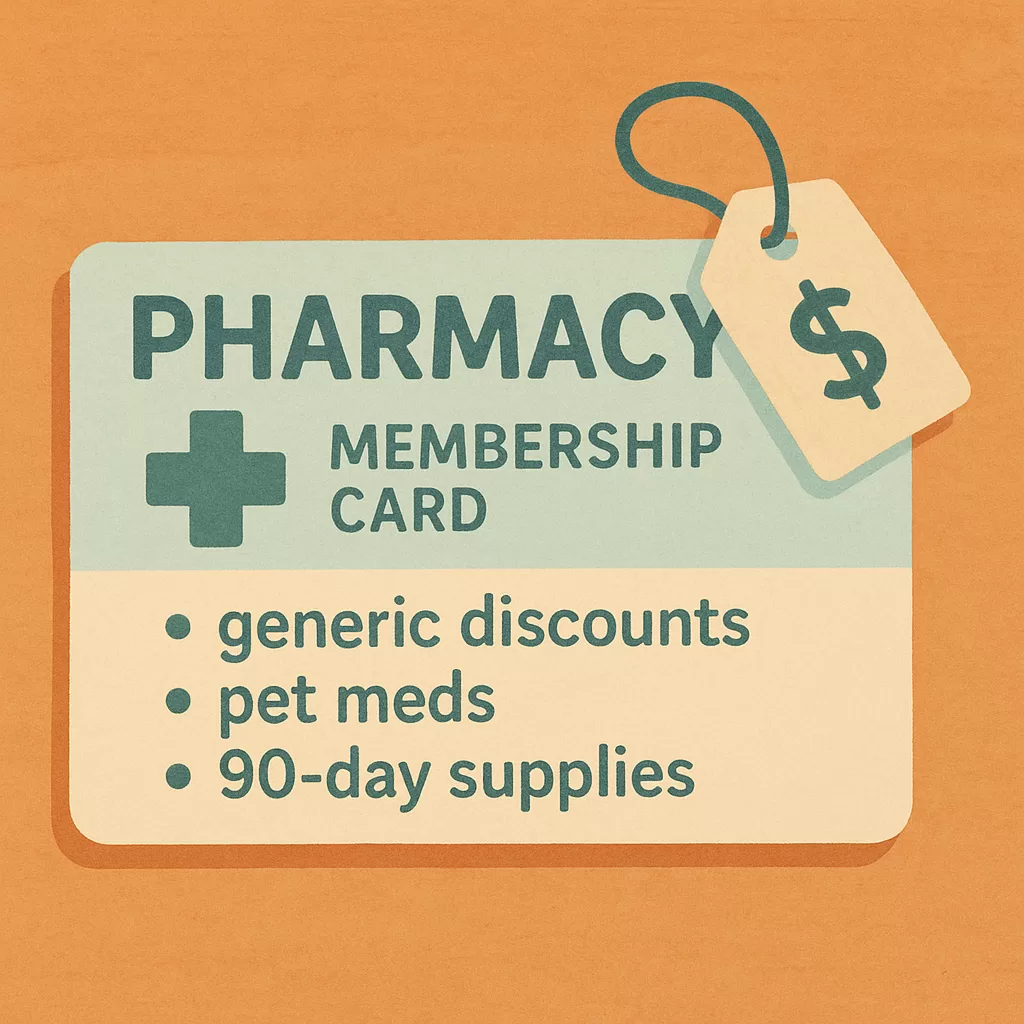 Pharmacy membership card illustration with benefits listed, including generic discounts, pet medications, and 90-day supplies.