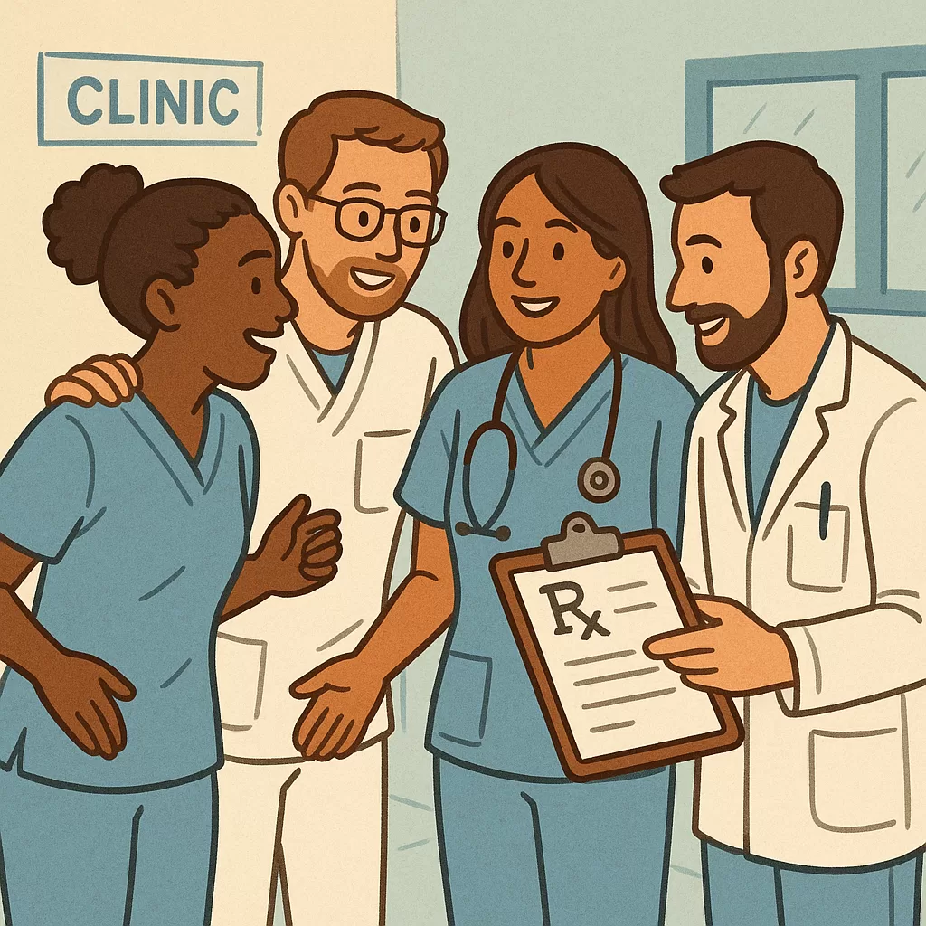 Medical clinic staff in a team meeting, discussing a cheat sheet with prescription program resources.