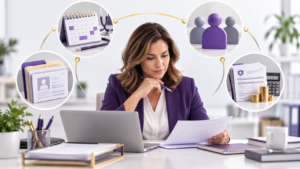 Healthcare Operations & Practice Management Blog | Integral Clinic Solutions 6 Clinic Manager Must-Haves illustrated by a clinic manager overseeing scheduling, staff, patient records, and financial operations.