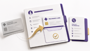 Healthcare Operations & Practice Management Blog | Integral Clinic Solutions 6 Patient information verification illustration showing outdated insurance information being replaced with current insurance and contact information.
