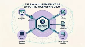 Healthcare Operations & Practice Management Blog | Integral Clinic Solutions 5 A clean infographic diagram illustrating a modern medical billing clearinghouse workflow, showing its role central to a group practice financial infrastructure.