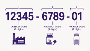 Healthcare Operations & Practice Management Blog | Integral Clinic Solutions 7 "A diagram illustrating the 11-digit National Drug Code (NDC) format: '12345-6789-01'. The code is broken down into three bracketed sections: the 5-digit Labeler Code, the 4-digit Product Code, and the 2-digit Package Code, each represented by corresponding icons of a factory, a pill bottle, and a vial. The text below reads: 'Accurate NDC selection is essential for reimbursement and compliance. Always verify the 11-digit code on the unit-of-use package.