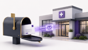Healthcare Operations & Practice Management Blog | Integral Clinic Solutions 6 Editorial illustration of a Virtual Business Address sending mail digitally to a modern medical office, representing healthcare credentialing, payer enrollment