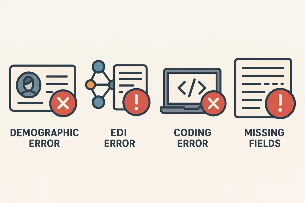 Four icons representing causes of clearinghouse rejections: demographic, EDI, coding, missing fields