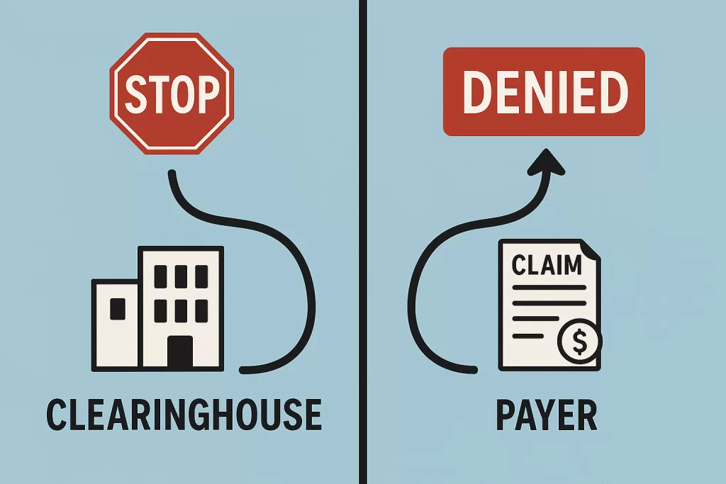 Split image illustrating claim rejection at clearinghouse vs denial at payer level