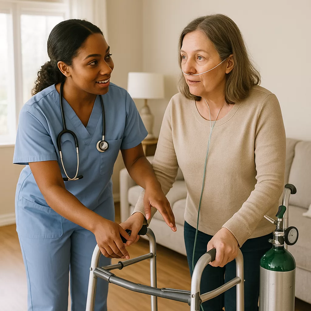 A doctor showing a patient how to use a walker for home care