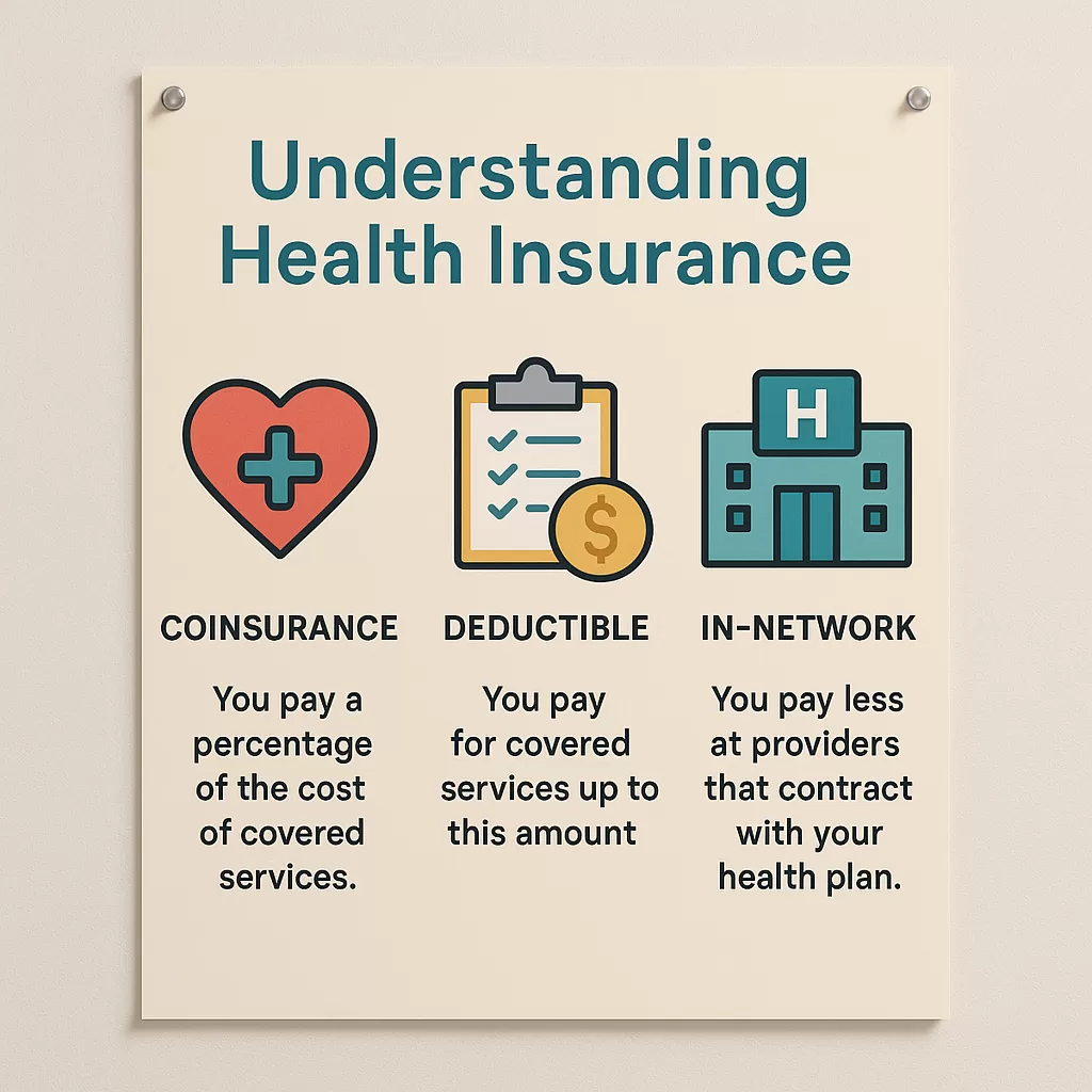 Value-Based Care Explained | Patient Outcomes & Reimbursement 4 Poster displaying insurance terms like deductible, coinsurance, and in-network with icons.