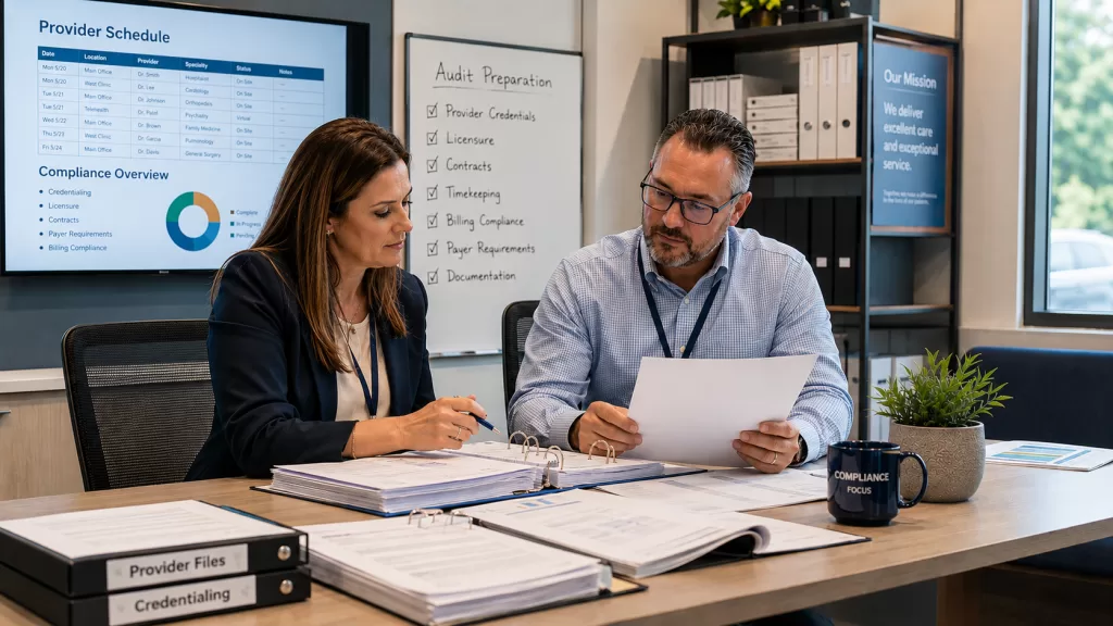 Locum Tenens Billing and Compliance for Medical Practices 1 Healthcare administrators reviewing locum tenens billing documentation, provider schedules, billing records, and compliance workflows during audit preparation in a medical practice office.