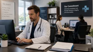 Healthcare Operations & Practice Management Blog | Integral Clinic Solutions 2 Temporary physician coverage and locum tenens billing compliance workflows inside a modern medical practice with healthcare administrators coordinating credentialing and revenue cycle operations.
