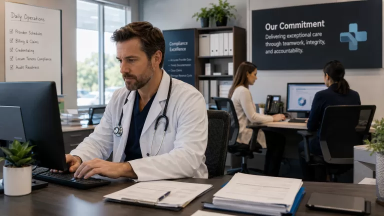 Temporary physician coverage and locum tenens billing compliance workflows inside a modern medical practice with healthcare administrators coordinating credentialing and revenue cycle operations.