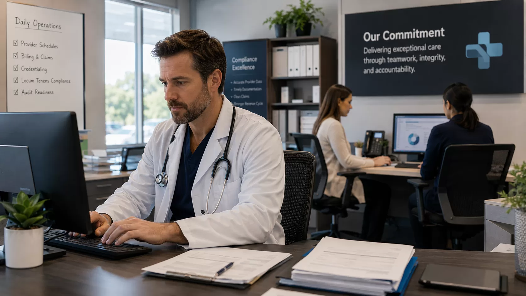Temporary physician coverage and locum tenens billing compliance workflows inside a modern medical practice with healthcare administrators coordinating credentialing and revenue cycle operations.