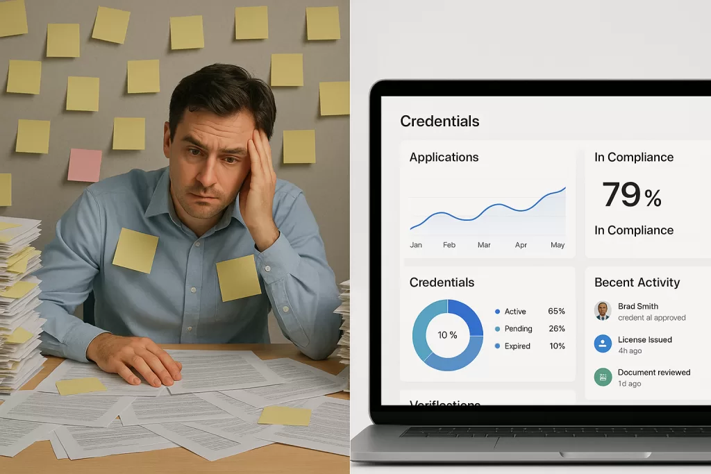 Manual credentialing chaos versus automated software side-by-side comparison