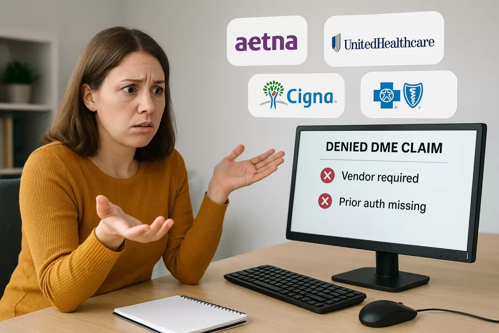 Medical biller reviewing denied durable medical equipment claims from commercial payers due to vendor and prior authorization issues