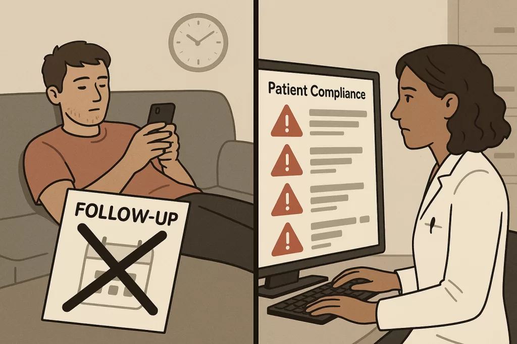 Value-Based Care Explained | Patient Outcomes & Reimbursement 3 Split-screen showing patient non-compliance on one side and provider facing negative value-based care metrics on the other.