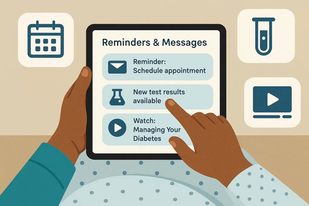 Value-Based Care Explained | Patient Outcomes & Reimbursement 6 Tablet screen showing a patient portal with health reminders, test results, and provider messages supporting value-based care.